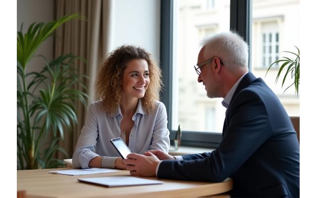 Illustration d'une discussion personnalisée entre un conseiller financier et un client, symbolisant la philosophie centrée sur le client de Counselix France Investissements.