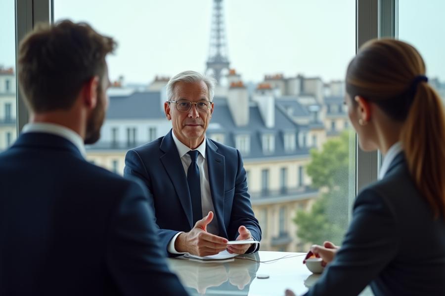 Un couple élégant en discussion avec un conseiller financier dans un bureau moderne et lumineux à Paris, symbolisant la planification patrimoniale et la sécurité de l'avenir.