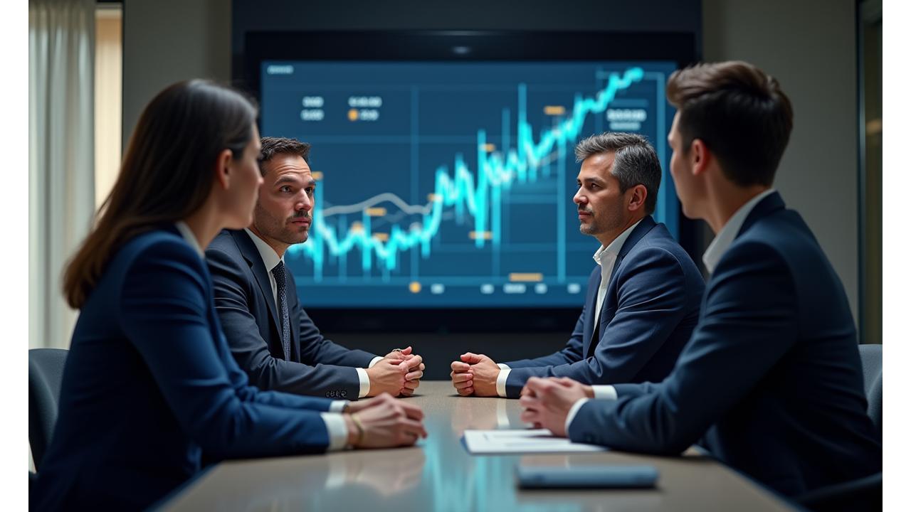 Image d'équipe de gestion de fonds en réunion, projetant une image de compétence et de collaboration