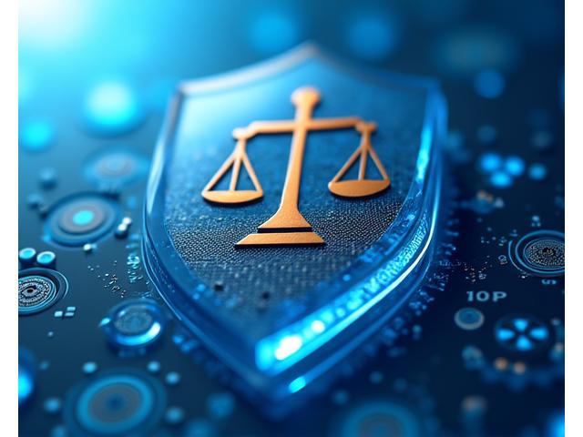Icônes légales et financières (balance de la justice, sceau officiel), symbolisant la conformité réglementaire et la sécurité, dans un style professionnel