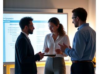 Image de consultants en discussion devant un tableau de stratégie