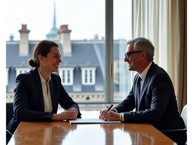 Professionnel libéral en consultation avec un conseiller financier souriant, dans un bureau élégant à Paris, symbolisant la réussite et le conseil personnalisé.