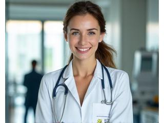 Image d'un médecin souriant dans un cabinet moderne