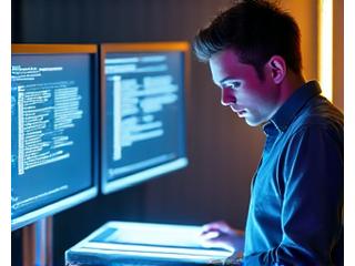Image d'un entrepreneur tech devant un écran, symbolisant l'innovation
