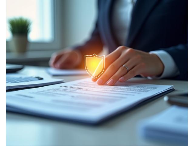Main d'un conseiller financier tenant un bouclier symbolique au-dessus de papiers financiers, représentant la protection des actifs clients et la transparence.
