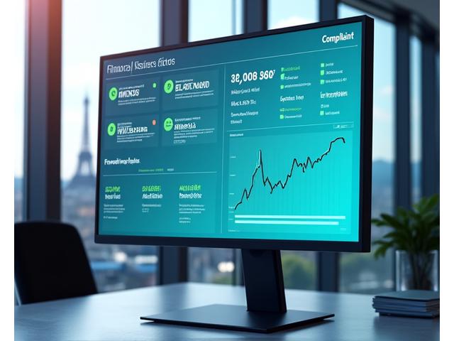 Tableau de bord de conformité financière affichant des indicateurs verts de statut de conformité et des mises à jour réglementaires en direct.