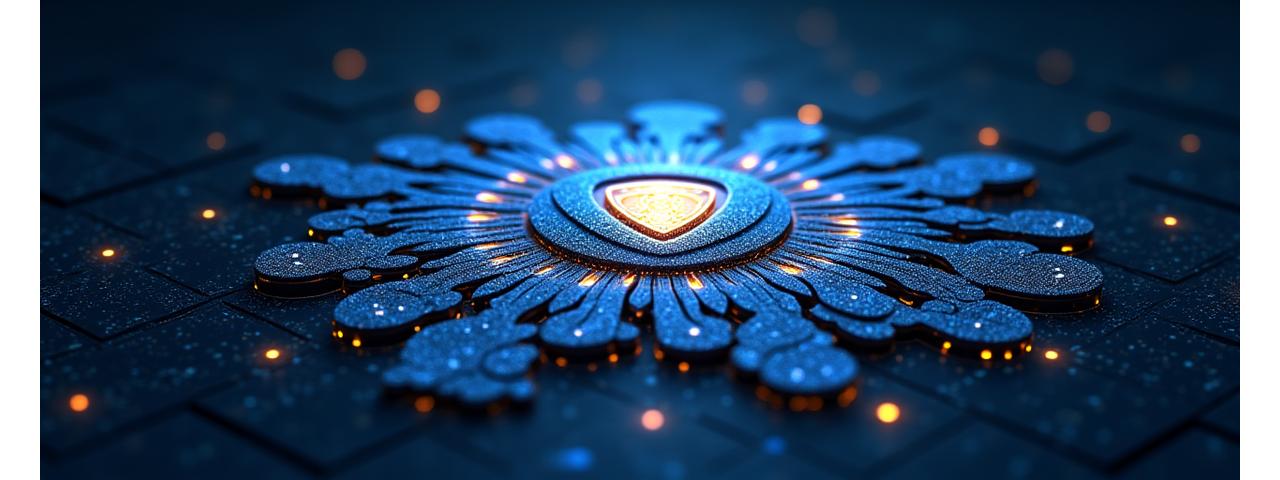 Représentation abstraite de la protection des données personnelles avec des boucliers numériques et des cadenas, sur fond bleu foncé et or.