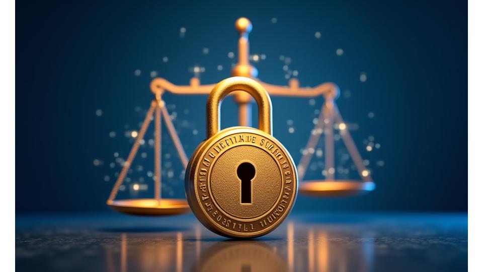 Illustration d'un grand cadenas doré symbolisant la sécurité et la conformité, avec une balance de la justice et des icônes de données en arrière-plan.