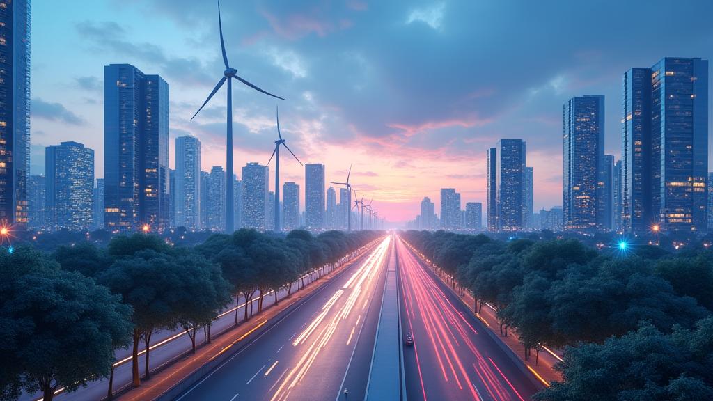 Illustration d'opportunités thématiques d'investissement ESG, telles que l'énergie renouvelable, la mobilité durable et l'économie circulaire, représentées par des icônes et des graphiques de croissance stylisés.