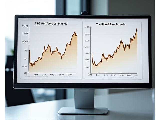 Graphiques de performance financière comparant des portefeuilles ESG à des indices boursiers traditionnels sur 5 ans, montrant une surperformance constante des fonds ESG.